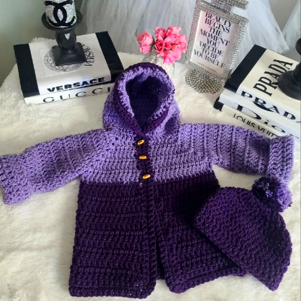 Handmade sweater coat and hat.